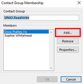 Screenshot of contact group membership, click add on the right.